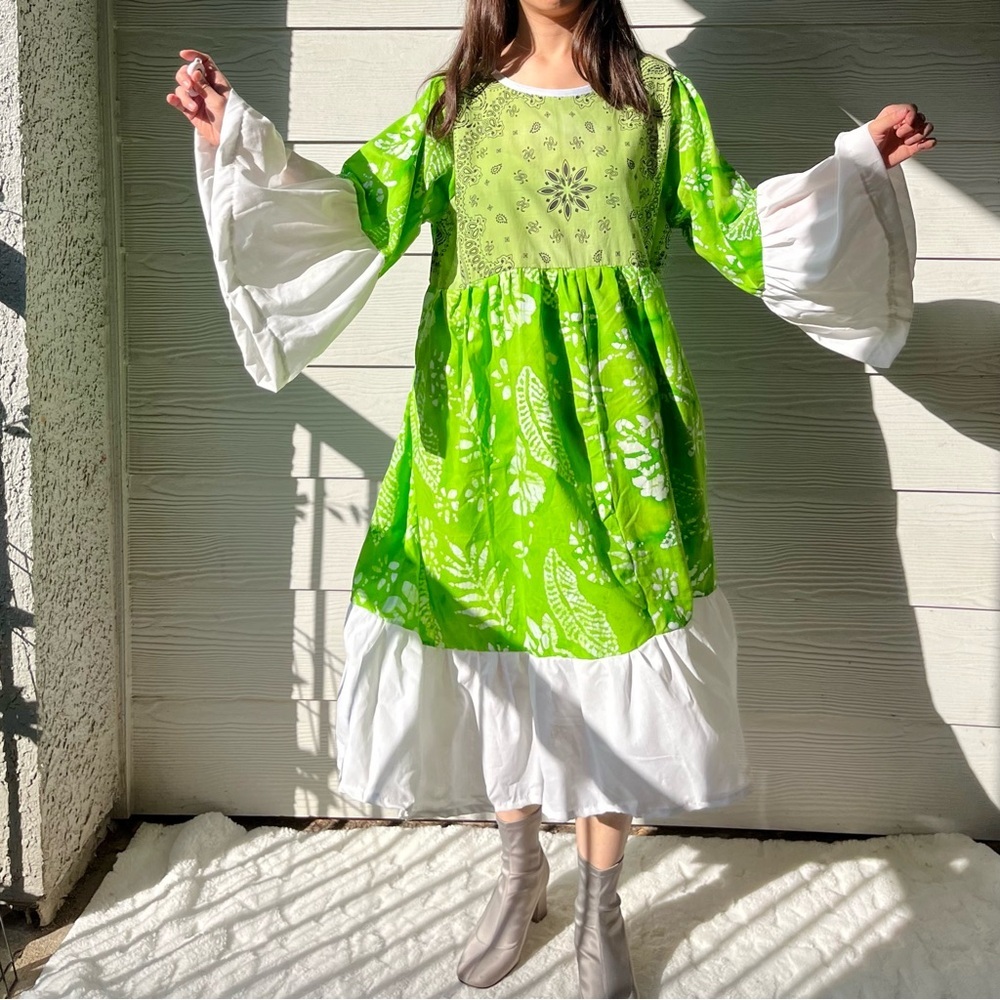 Handmade Bell Sleeves Maxi Bandana Dress SKU 04295 Green/White